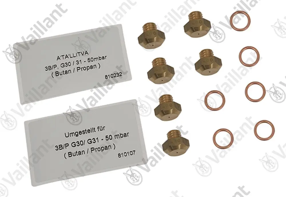 Vaillant Set mit sechs Messingdüsen und passenden Dichtungen, sowie zwei Klartextbeschreibungen für Umstellungen auf verschiedene Gasarten.